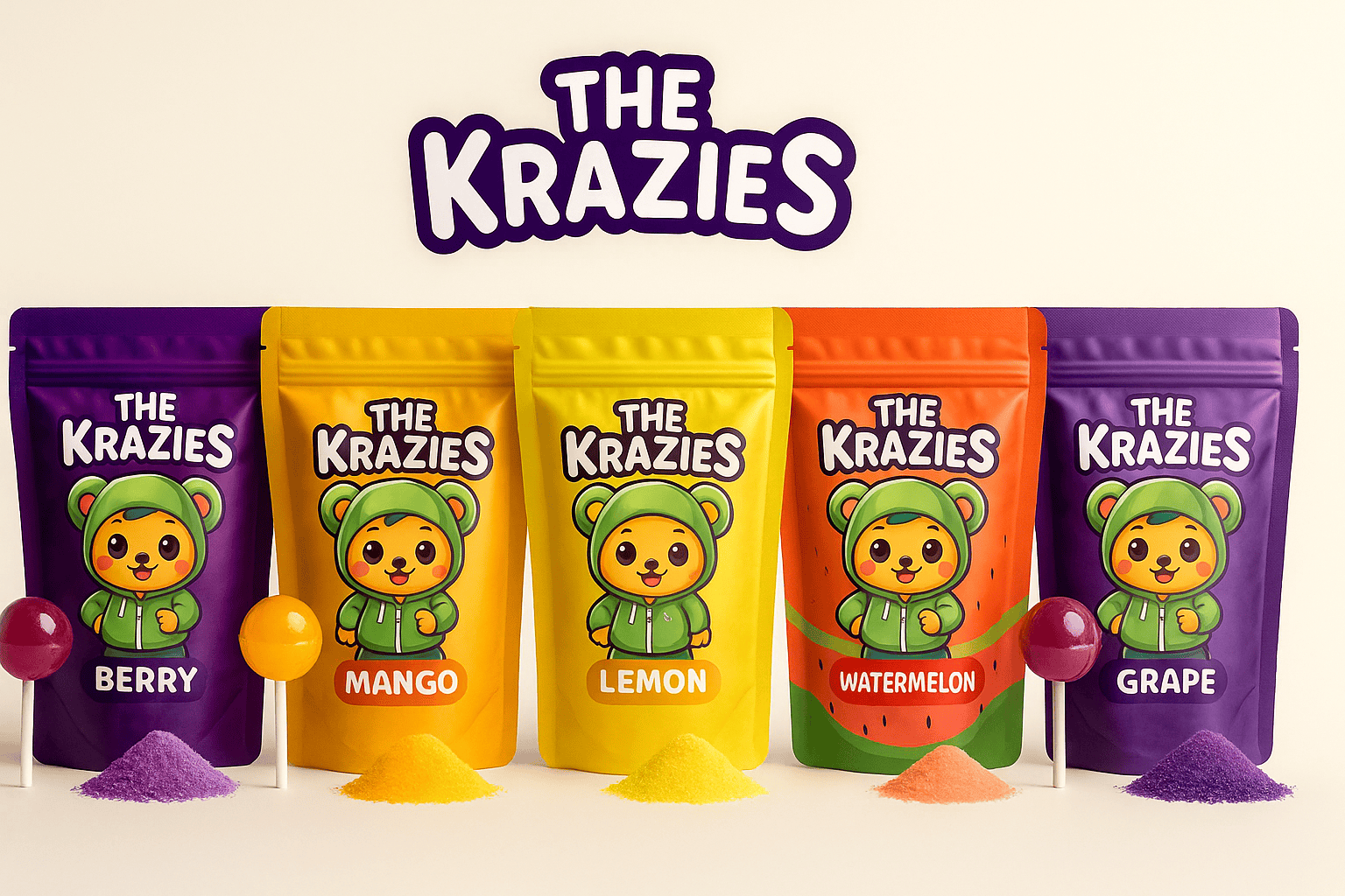 BERRY, LEMON, MANGO, WATERMELON, GRAPE—beneath a big THE KRAZIES sign; matching lollipops and powder mounds